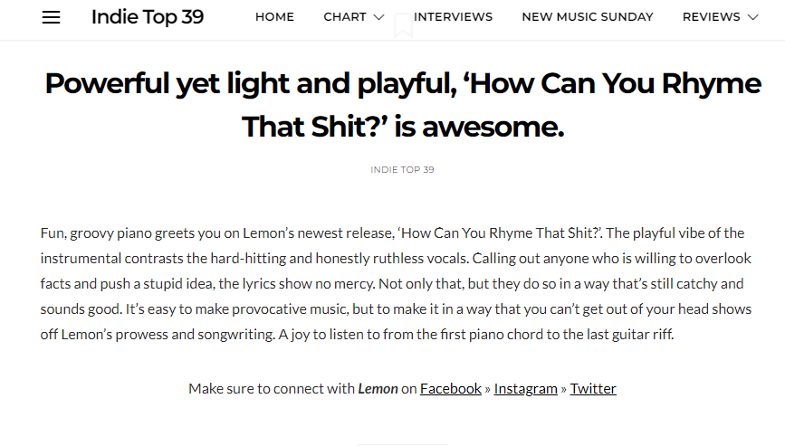 Review new single Lemon Amsterdam on Indie Top 39